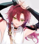 1boy 888myrrh888 :q armpits arms_up bangs bare_shoulders black_sleeves closed_mouth commentary_request detached_sleeves genshin_impact green_eyes green_hair grey_background hair_between_eyes highres long_hair long_sleeves looking_at_viewer male_focus mole mole_under_eye parted_bangs redhead shikanoin_heizou shirt simple_background sleeveless sleeveless_shirt sleeves_past_wrists smile solo tongue tongue_out upper_body