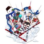 1girl :d animal_hat arknights artist_request bauble bell belt black_gloves black_shorts black_thighhighs blue_bow blue_bowtie blue_jacket boots bow bowtie brown_hair cardigan_(arknights) cardigan_(cheerful_guardian)_(arknights) christmas christmas_ornaments christmas_present christmas_tree cropped_jacket foot_out_of_frame gift gloves hat jacket long_hair looking_at_viewer multicolored_clothes multicolored_hair multicolored_jacket navel neck_bell non-web_source official_alternate_costume official_art outdoors pink_eyes shorts smile snowman solo streaked_hair striped striped_legwear striped_thighhighs teeth thigh-highs thighhighs two-tone_jacket upper_teeth white_background white_footwear white_jacket white_thighhighs