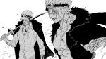 2boys absurdres battle blood blood_on_face eustass_captain_kid facial_hair from_side goatee goggles goggles_on_head greyscale hat highres long_sideburns male_focus monochrome multiple_boys muscular muscular_male one_piece over_shoulder pectoral_cleavage pectorals serious short_hair sideburns sosogi_(qtgejyrkhrng4jk) sword sword_over_shoulder trafalgar_law weapon weapon_over_shoulder