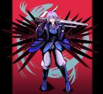 1girl animal_ears black_gloves boots bunny_ears formal gloves gun handgun highres holding holding_sword holding_weapon jacket looking_at_viewer necktie open_clothes open_jacket pants pink_hair rabbit_ears reisen_udongein_inaba revolver smile solo suit sword touhou weapon weedhollow_(dokuran)