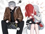 1boy 1girl ahoge alternate_costume arknights black_gloves brown_jacket closed_mouth gloves grey_hair hat highres hug jacket long_hair long_sleeves sigh sitting skadi_(arknights) sparkle stuffed_orca ulpianus_(arknights) zuo_daoxing