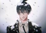 1boy bangs black_jacket black_necktie chainsaw_man closed_eyes collared_shirt formal hayakawa_aki highres jacket long_hair male_focus ndsoda necktie shirt short_hair simple_background snow snow_on_body snow_on_head solo suit topknot white_background white_shirt