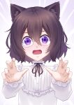 1girl absurdres animal_ear_fluff animal_ears blush brown_hair cat_ears dress glasses gradient gradient_background hair_between_eyes highres levana_violette_(lusan666) long_sleeves lusan666 neck_ribbon nyan open_mouth original purple_eyes short_hair solo violet_eyes white_dress