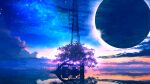 blue_sky cable clouds cloudy_sky commentary_request eclipse fantasy glowing highres horizon landscape light_particles lunar_eclipse moon night night_sky no_humans ocean original reflection reflective_water scenery shadow sky smile_(qd4nsvik) star_(sky) starry_sky sunrise tower tree
