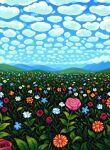 absurdres blue_flower blue_sky day english_commentary field flower flower_field highres mountainous_horizon nature no_humans orange_flower original outdoors pink_flower pink_rose pixel_art purple_flower red_flower red_rose rose scenery sky tofupixel when_you_see_it
