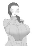  1girl ayako_(twrlare) blush breast_squeeze breasts forehead gigantic_breasts greyscale high_collar highres light_smile lips mature_female mole monochrome original ponytail ribbed_sweater short_hair sketch solo sweater turtleneck twrlare 