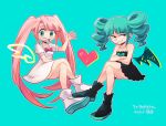 2girls aqua_background aqua_eyes black_dress black_footwear boots borrowed_character commentary_request crossed_arms crossed_legs dress drill_hair green_hair grin heart long_hair multiple_girls original pink_hair red_eyes short_dress smile translation_request tsunoji twin_drills twintails very_long_hair waving white_dress white_footwear
