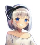 1girl absurdres bangs bare_shoulders black_hairband blue_eyes blush collarbone gradient gradient_background hair_ornament hair_ribbon hairband highres konpaku_youmu looking_at_viewer off-shoulder_shirt off_shoulder rein_duelist ribbon shirt short_hair silver_hair smile solo touhou white_background white_hair white_shirt