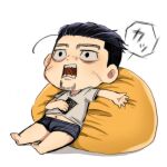 1boy barefoot black_eyes black_hair bored chibi facial_hair full_body goatee golden_kamuy hair_slicked_back hair_strand holding holding_phone lying male_focus midriff_peek navel no_pants ogata_hyakunosuke on_back phone pillow ri_(ri_kaos21) scar scar_on_cheek scar_on_face short_hair solo stitches stubble translation_request undercut x_navel