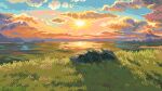 cloud clouds cloudy_sky english_commentary field grass highres no_humans original outdoors pixel_art scenery sky sun sunrise tofupixel