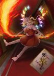1girl ascot blonde_hair blurry blurry_foreground candlelight crystal depth_of_field fire flandre_scarlet fleuriste frilled_shirt_collar frilled_skirt frills full_body glowing glowing_wings hat highres indoors laevatein_(touhou) lit_candle looking_at_viewer medium_hair mob_cap multicolored_wings no_shoes open_mouth pointy_ears puffy_short_sleeves puffy_sleeves red_carpet red_eyes red_ribbon red_skirt red_vest ribbon ribbon-trimmed_headwear ribbon_trim shirt short_sleeves skirt skirt_set socks solo spell_card touhou vest white_headwear white_legwear white_shirt white_socks wings yellow_ascot