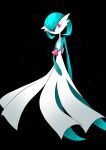 1girl alternate_color arm_at_side bangs black_background blue_hair blue_skin bob_cut colored_skin commentary flat_chest full_body gardevoir gen_3_pokemon hair_between_eyes highres looking_at_viewer multicolored_skin no_humans no_mouth pokemon pokemon_(creature) red_eyes rve shiny_pokemon short_hair simple_background solo standing star_(sky) starry_sky two-tone_skin white_skin