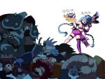 abs absurdres armor bald bangs bare_shoulders black_hair blue_hair braid braum_(league_of_legends) cat darius_(league_of_legends) defeat facial_hair fingerless_gloves floating gatling_gun glasses gloves gun hat highres jinx_(league_of_legends) league_of_legends lee_sin long_hair looking_at_viewer mature_male multiple_boys multiple_girls muscular muscular_male mustache pink_eyes ponytail rocket_launcher scar scar_on_face short_hair smile tattoo tina_fate toned toned_male twin_braids vayne_(league_of_legends) very_long_hair weapon yasuo_(league_of_legends) yuumi_(league_of_legends)