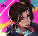 1girl animification apex_legends aqua_shirt bright_pupils brown_eyes brown_hair copyright_name dark-skinned_female dark_skin english_commentary eyebrow_cut facial_mark forehead_mark from_above hair_behind_ear highres jacket mar10 orange_jacket pink_background portrait rampart_(apex_legends) shirt side_ponytail smile solo tongue tongue_out v-shaped_eyebrows white_pupils