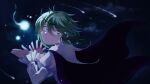 1girl androgynous bangs black_cape blush cape closed_mouth commentary_request frilled_sleeves frills green_eyes green_hair hair_between_eyes highres lakenightbug long_sleeves looking_at_viewer looking_back shirt shooting_star short_hair smile solo touhou upper_body white_shirt wriggle_nightbug