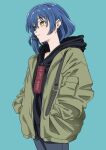  1girl black_hoodie blue_background blue_hair bocchi_the_rock! earrings english_text hair_ornament hairclip hands_in_pockets hood hoodie jacket jewelry open_clothes open_jacket short_hair simple_background solo xowz30zux04ciks yamada_ryou yellow_eyes 
