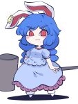 1girl :3 animal_ears blue_dress blue_hair blush_stickers bunny_ears closed_mouth dress earclip fried_rice0614 frilled_dress frills full_body highres holding kine long_hair mallet one-hour_drawing_challenge puffy_short_sleeves puffy_sleeves rabbit_ears red_eyes seiran_(touhou) short_sleeves simple_background smile socks solo touhou white_background white_socks