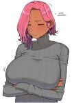 1girl blush breasts closed_eyes crossed_arms dark_skin english_text female huge_breasts jewelry large_breasts nose_bubble ohasi original pink_(ohasi) pink_hair ribbed_sweater short_hair simple_background sleeping solo sweater turtleneck turtleneck_sweater white_background