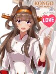 1girl ahoge alternate_costume brown_hair chef_uniform commentary_request double_bun hair_bun hairband headgear highres jewelry kantai_collection kongou_(kancolle) kongou_(kantai_collection) long_hair looking_at_viewer open_mouth purple_eyes remodel_(kantai_collection) ring roko_roko_(doradorazz) shirt smile solo upper_body violet_eyes wedding_ring white_shirt zoom_layer