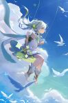  1girl barefoot bird blue_sky cloud clouds cross-shaped_pupils day dress female_child floating_hair genshin_impact gradient_hair green_eyes green_sleeves hair_ornament highres issign leaf_hair_ornament long_hair multicolored_hair nahida_(genshin_impact) pointy_ears side_ponytail sky solo stirrup_footwear swing toeless_footwear white_dress white_hair 
