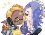 2girls :d bare_shoulders big_man_(splatoon) blonde_hair blue_hair breasts cellphone chest_sarashi colored_eyelashes colored_tongue cross-shaped_pupils dark-skinned_female dark_skin domino_mask earrings flip_phone food food_on_head frye_(splatoon) hachimaki hair_over_one_eye headband highres holding holding_phone inkling jellyfish_(splatoon) jewelry long_hair looking_at_another mask medium_breasts multicolored_hair multiple_earrings multiple_girls nejiri_hachimaki object_on_head octarian open_mouth phone plum0o0 pointy_ears purple_hair purple_tongue red_eyes sarashi see-through shiver_(splatoon) sleeveless smile splatoon_(series) splatoon_3 suction_cups tempura tentacle_hair too_many turtleneck two-tone_hair yellow_eyes yellow_pupils