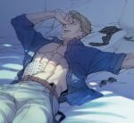 1boy animal_print bandages bed belt blue_shirt brown_belt collared_shirt cowboy_shot goggles grey_pants hand_on_own_face hikonom jujutsu_kaisen leopard_print long_sleeves lying male_focus muscular muscular_male nanami_kento necktie on_back on_bed open_clothes open_shirt pants parted_lips pectorals pillow shirt short_hair solo