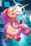 &gt;:) :d absurdres blue_eyes blurry blurry_background clenched_hand full_body goggles goggles_on_head highres kirby kirby:_planet_robobot kirby_(series) mecha ratf robobot_armor robot smile sparkle v-shaped_eyebrows