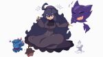  1girl @_@ afuron ahoge alternate_breast_size bangs black_hair blush breasts closed_mouth cloth commentary_request curly_hair dress gradient gradient_background grey_eyes hair_between_eyes hairband hand_up haunter headpat hex_maniac_(pokemon) large_breasts long_hair looking_at_viewer messy_hair misdreavus pokemon pokemon_(creature) pokemon_(game) pokemon_xy pumpkaboo purple_eyes purple_hair purple_hairband spiral_eyes 