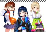 3girls bangs black_jacket blonde_hair blue_hair bow bowtie brown_hair denonbu green_eyes green_hoodie green_scrunchie hair_between_eyes hair_ornament hair_tie hairclip hairpin hidaka_reina_(denonbu) hood hoodie jacket kayano_futaba koruri long_hair long_sleeves looking_at_viewer multiple_girls official_art open_clothes open_jacket open_mouth orange_eyes orange_jacket pin pleated_skirt red_bow red_eyes robot school_uniform scrunchie shinonome_kazune shirt side_ponytail skirt smile smiley_face standing thigh-highs thighhighs twintails white_shirt x_hair_ornament