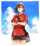 1girl bag bike_shorts breasts brown_eyes brown_hair cloud clouds cowboy_shot crossed_arms day hair_between_eyes hair_ornament hairclip hiro_(chumo) original short_hair small_breasts smile solo star_(symbol) wristband