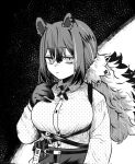 1girl animal_ear_fluff animal_ears arknights bangs belt bokiboki333 breasts closed_mouth colored_skin freckles greyscale halftone hand_on_own_chest highres large_breasts long_hair long_sleeves looking_at_viewer monochrome multicolored_hair polka_dot polka_dot_shirt ponytail ringed_eyes robin_(arknights) shirt solo streaked_hair upper_body