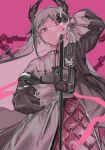 1girl arknights arm_up black_jacket capelet closed_mouth earrings gloves grey_eyes grey_hair highres holding holding_sword holding_weapon irene_(arknights) jacket jewelry long_hair long_sleeves loveanddispute pink_background puffy_long_sleeves puffy_sleeves simple_background skirt solo sword very_long_hair weapon white_capelet white_skirt