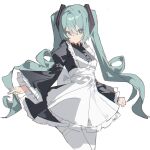 1girl absurdres alternate_costume apron aqua_eyes aqua_hair black_dress breasts closed_mouth cowboy_shot dress enmaided frilled_dress frilled_sleeves frills hatsune_miku highres juliet_sleeves long_hair long_sleeves looking_at_viewer maid pantyhose puffy_sleeves qtian simple_background small_breasts smile solo twintails very_long_hair vocaloid white_apron white_background white_pantyhose wide_sleeves