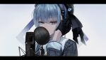 1girl absurdres bangs beret black_gloves blue_hair commentary_request gloves grey_eyes hair_between_eyes hands_on_headphones hat headphones highres hololive hoshimachi_suisei letterboxed long_sleeves mane031210 microphone shirt short_hair simple_background solo studio_microphone upper_body virtual_youtuber white_background