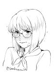 1girl apple_(suikoden) bangs blush breasts closed_mouth gensou_suikoden gensou_suikoden_ii glasses gradient gradient_background greyscale looking_at_viewer monochrome sakai_(motomei) short_hair simple_background solo trembling twitter_username white_background