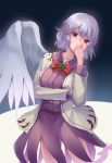 1girl absurdres bow bowtie brooch covered_mouth cowboy_shot dress feathered_wings grey_hair grey_jacket hair_between_eyes highres jacket jewelry kishin_sagume koizumo long_sleeves open_clothes open_jacket purple_dress red_bow red_eyes red_neckwear short_hair silver_hair single_wing solo touhou white_wings wings