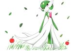 1girl apple arms_at_sides bangs bob_cut closed_mouth colored_skin commentary dot_mouth falling_leaves flat_chest food fruit full_body gardevoir grass green_hair green_skin hair_between_eyes highres leaf looking_at_viewer multicolored_skin no_humans outdoors pokemon pokemon_(creature) red_eyes rve shiny shiny_hair short_hair simple_background solo standing two-tone_skin white_background white_skin