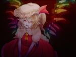 1girl ascot blonde_hair flandre_scarlet fleuriste from_above hair_between_eyes hat looking_at_viewer looking_up lower_teeth medium_hair mob_cap multicolored_wings open_mouth pointy_ears puffy_short_sleeves puffy_sleeves red_background red_eyes red_skirt red_vest shirt short_sleeves side_ponytail simple_background skirt skirt_set solo teeth touhou v_arms vest white_headwear white_shirt wings yellow_ascot