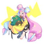 1girl aqua_hair bangs bellibolt black_pantyhose blush bow-shaped_hair character_hair_ornament cropped_legs hair_ornament highres holding holding_pokemon iono_(pokemon) jacket jongigeguli_rto long_hair long_sleeves looking_at_viewer multicolored_hair open_mouth oversized_clothes pantyhose pink_eyes pink_hair pokemon pokemon_(creature) pokemon_(game) pokemon_sv sharp_teeth simple_background single_leg_pantyhose sleeves_past_fingers sleeves_past_wrists smile solo stuffed_toy teeth thigh_strap twintails upper_teeth very_long_hair yellow_jacket