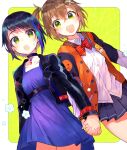 2girls bangs belt black_choker black_hair black_jacket blue_dress blue_hair brown_hair choker denonbu dress green_eyes hair_between_eyes hair_ornament hair_tie hairclip hairpin hidaka_reina_(denonbu) highres holding_hands jacket leather leather_jacket long_sleeves multicolored_hair multiple_girls open_clothes open_jacket open_mouth orange_jacket pin pleated_skirt school_uniform seto_mitsuki_(denonbu) shirt short_hair siblings side_ponytail sisters skirt smile smiley_face streaked_hair twins v7mtdf white_shirt