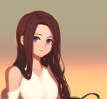 1girl absurdres bangs blue_eyes brown_hair closed_mouth crop_top gradient gradient_background highres isumi_(yangyan) long_hair looking_at_viewer off-shoulder_shirt off_shoulder original shirt smile solo straight_hair upper_body white_shirt