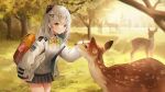  1girl admi_(nikke) backpack bag blurry bow bowtie deer flat_chest goddess_of_victory:_nikke grass green_hair hair_ornament hairclip headpat highres jacket multicolored_hair nature official_art outdoors petting plaid pleated_skirt red_eyes school_uniform skirt two-tone_hair virtual_youtuber weri white_hair 