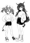  2girls absurdres animal_ears boots crop_top demon_tail greyscale hair_ornament hakos_baelz hands_in_pockets highres hololive hololive_english horns irys_(hololive) jacket kurisgk long_hair midriff monochrome mouse_ears mouse_girl mouse_tail multicolored_hair multiple_girls navel pointy_ears shirt shorts skirt sneakers socks streaked_hair tail twintails virtual_youtuber 