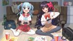 2girls asukaru_(magika_ru) bag bangs black_hair black_sleeves blaze_(minecraft) blue_bow blue_bowtie blue_eyes blue_hair blush bow bowtie breast_pocket brown_hair brown_skirt buttons chicken_(minecraft) chizu_ranka controller couch creeper cup dated disposable_cup dot_nose drinking_straw ender_dragon enderman enderpearl fang food french_fries game_controller grey_thighhighs hair_ribbon highres holding holding_controller holding_game_controller indoors iron_golem_(minecraft) jewelry kamihama_university_affiliated_school_uniform layered_sleeves long_hair long_sleeves looking_at_viewer loose_bowtie magia_record:_mahou_shoujo_madoka_magica_gaiden magma_cube mahou_shoujo_madoka_magica medium_hair minami_rena minecraft miniskirt multiple_girls no_shoes on_floor one_side_up open_mouth pig_(minecraft) pink_ribbon plaid plaid_bow plaid_bowtie plaid_skirt pleated_skirt pocket red_bow red_bowtie red_eyes red_sailor_collar red_skirt ribbon ring sailor_collar sailor_shirt sakae_general_school_uniform school_bag school_uniform serafuku sheep_(minecraft) shirt short_over_long_sleeves short_sleeves signature sitting skirt snow_golem_(minecraft) stuffed_animal stuffed_pig stuffed_sheep stuffed_toy sweat thigh-highs thighhighs twintails two_side_up v-shaped_eyebrows very_long_hair wavy_hair white_legwear white_shirt white_thighhighs wing_collar wooden_floor zombie_(minecraft)