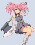 1girl axe belt blue_eyes boots closed_mouth elbow_gloves foot_out_of_frame gloves gradient gradient_background highres holding holding_axe long_hair looking_at_viewer pink_hair presea_combatir simple_background solo suwaneko tales_of_(series) tales_of_symphonia twintails weapon