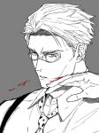 1boy blood blood_on_face collared_shirt ega_(egavinote) goggles greyscale jujutsu_kaisen lips looking_at_viewer male_focus monochrome nanami_kento necktie parted_lips portrait shirt short_hair solo suspenders