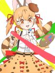 1girl animal_costume animal_ear_fluff animal_ears belt bow bowtie brown_eyes brown_hair cat_ears cat_girl cat_tail extra_ears hair_ribbon hat highres holding kemono_friends kemono_friends_v_project large-spotted_genet_(kemono_friends) long_hair looking_at_viewer microphone multicolored_hair open_mouth ribbon shirt simple_background skirt solo suspenders tail twintails virtual_youtuber y0whqzz8bkslezl