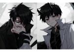 1boy 2boys bangs black_gloves black_hair black_horns black_jacket black_shirt blood blood_on_face blood_on_hands blush closed_mouth collared_shirt covering_mouth frown gloves grey_background grey_eyes hair_over_one_eye hand_on_another&#039;s_face highres holding_another&#039;s_wrist horns jacket kim_dokja letterboxed long_sleeves looking_at_viewer male_focus multiple_boys mya2_8 omniscient_reader&#039;s_viewpoint open_clothes open_jacket shirt short_hair white_jacket yoo_joonghyuk