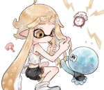 1girl ? alarm_clock bare_arms bare_shoulders black_shirt black_shorts blonde_hair braiding_hair clock closed_mouth domino_mask flying_sweatdrops hair_tie hair_tie_in_mouth hairdressing inkling inkling_girl jellyfish_(splatoon) long_hair looking_at_another mask mouth_hold plum0o0 pointy_ears shirt short_sleeves shorts simple_background sitting splatoon_(series) splatoon_3 t-shirt tank_top tentacle_hair white_background white_tank_top yellow_eyes