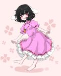 1girl animal_ears bangs barefoot black_hair blush bunny_ears carrot_necklace clover commentary_request dress floppy_ears four-leaf_clover frilled_dress frilled_sleeves frills full_body gradient gradient_background hair_between_eyes highres inaba_tewi jewelry koharu66353343 looking_at_viewer necklace open_mouth pink_dress puffy_short_sleeves puffy_sleeves rabbit_ears rabbit_girl rabbit_tail red_eyes ribbon-trimmed_dress short_hair short_sleeves smile solo tail touhou wavy_hair